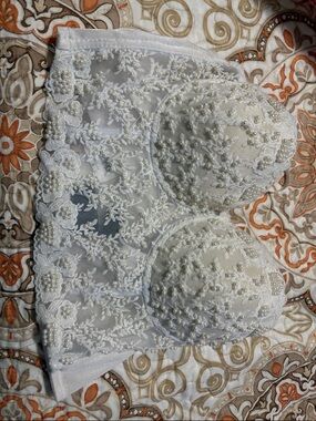 Embellished White Lace Bustier Top with Pearl Accents